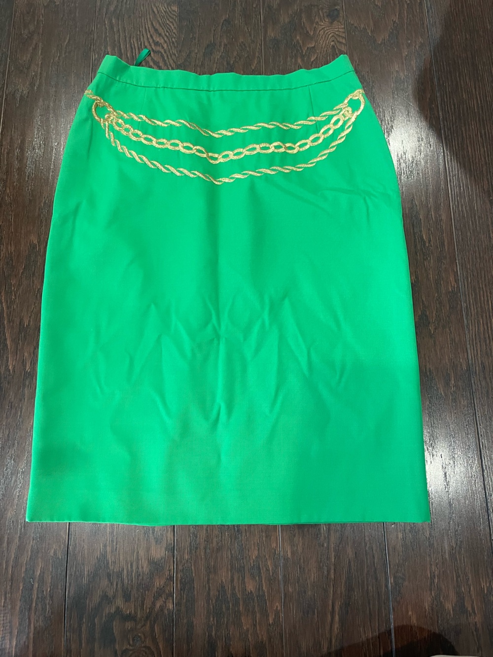 Escada Margaretha Ley Green Wool Chain Embroidered Lined A-Line Skirt EU 40 US 8